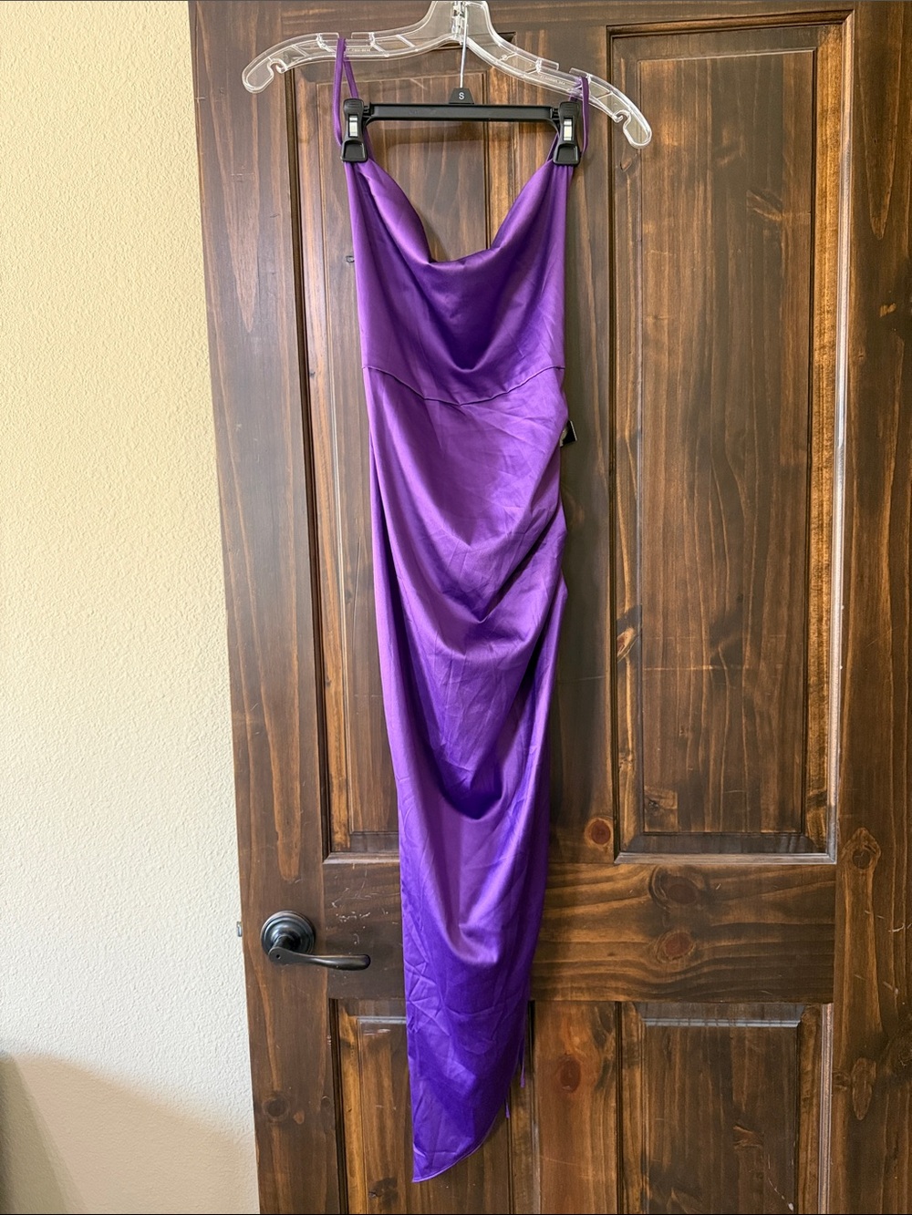 Asymmetrical Purple Satin Cowl Neck Dress with Spaghetti Straps